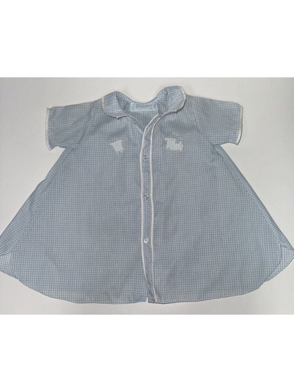 VTG Feltman Bros Baby Boy Gingham Day Gown Light Blue Train Heirloom Classic NB